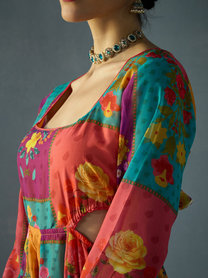 Red &amp; Yellow Multi Color Side Cut Out Anakali Kurta-Shae by SASSAFRAS