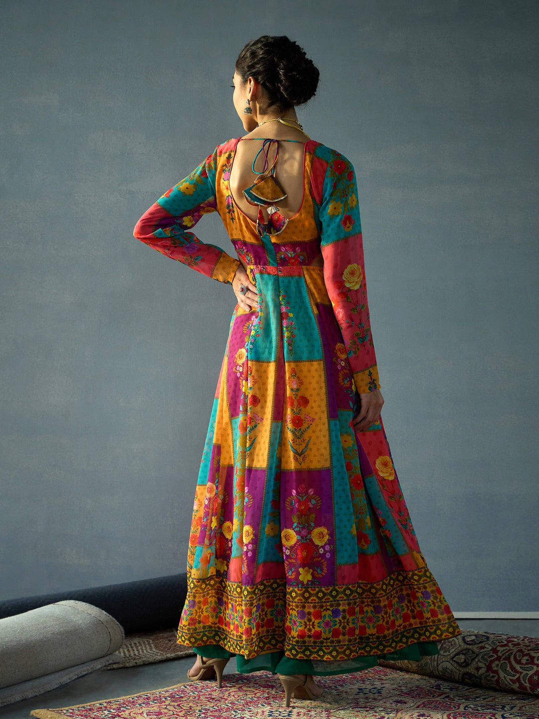 Red &amp; Yellow Multi Color Side Cut Out Anakali Kurta-Shae by SASSAFRAS
