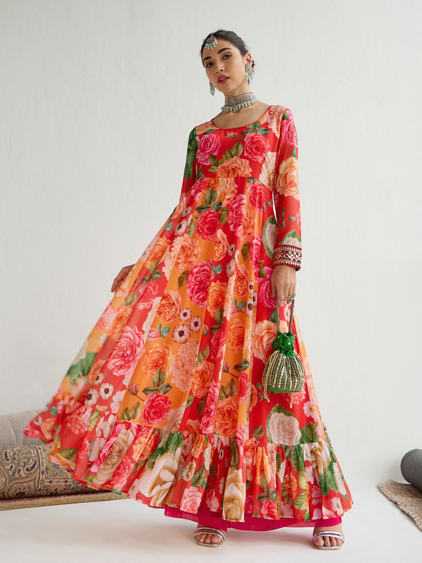 Yellow & Red Floral Frill Hem Anarkali Kurta