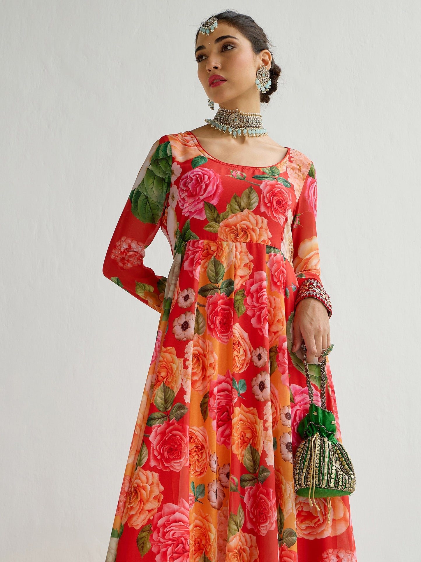 Yellow & Red Floral Frill Hem Anarkali Kurta