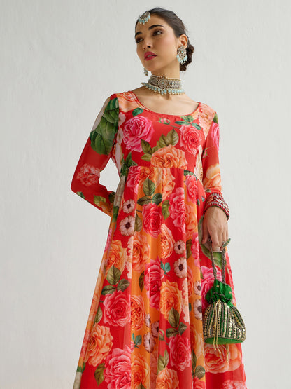 Yellow & Red Floral Frill Hem Anarkali Kurta