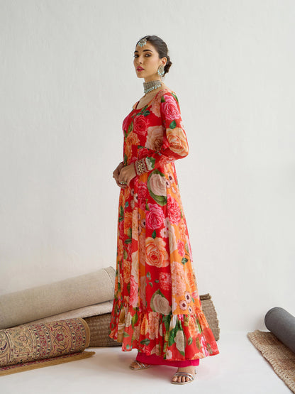 Yellow & Red Floral Frill Hem Anarkali Kurta