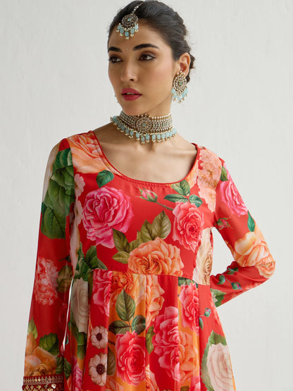 Yellow & Red Floral Frill Hem Anarkali Kurta