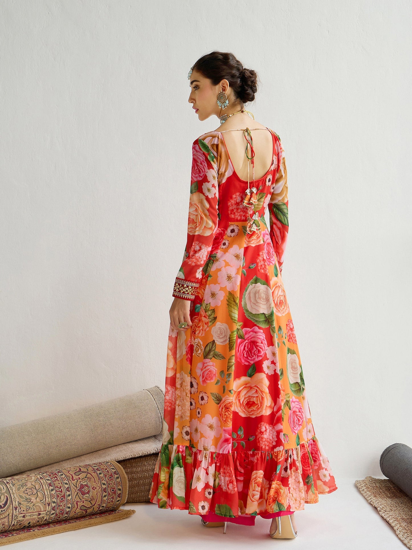 Yellow & Red Floral Frill Hem Anarkali Kurta