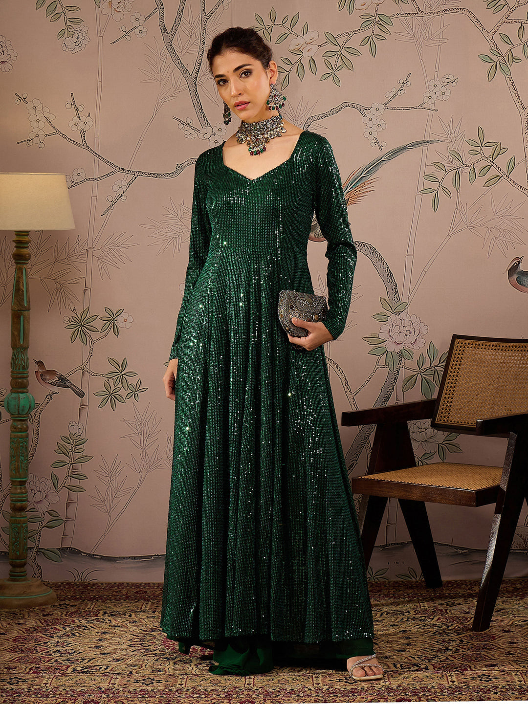 Women's Women Emerald Green Sequins Sweetheart Neck Anarkali Kurta in Butter Crepe by Shae for wholesale, bulk, supplier, manufacturer and wholesaler buyers from Trendphoria