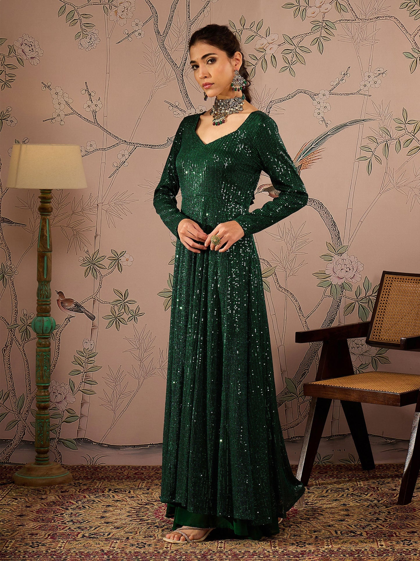 Emerald Green Sequins Sweetheart Neck Anarkali Kurta-Shae by SASSAFRAS