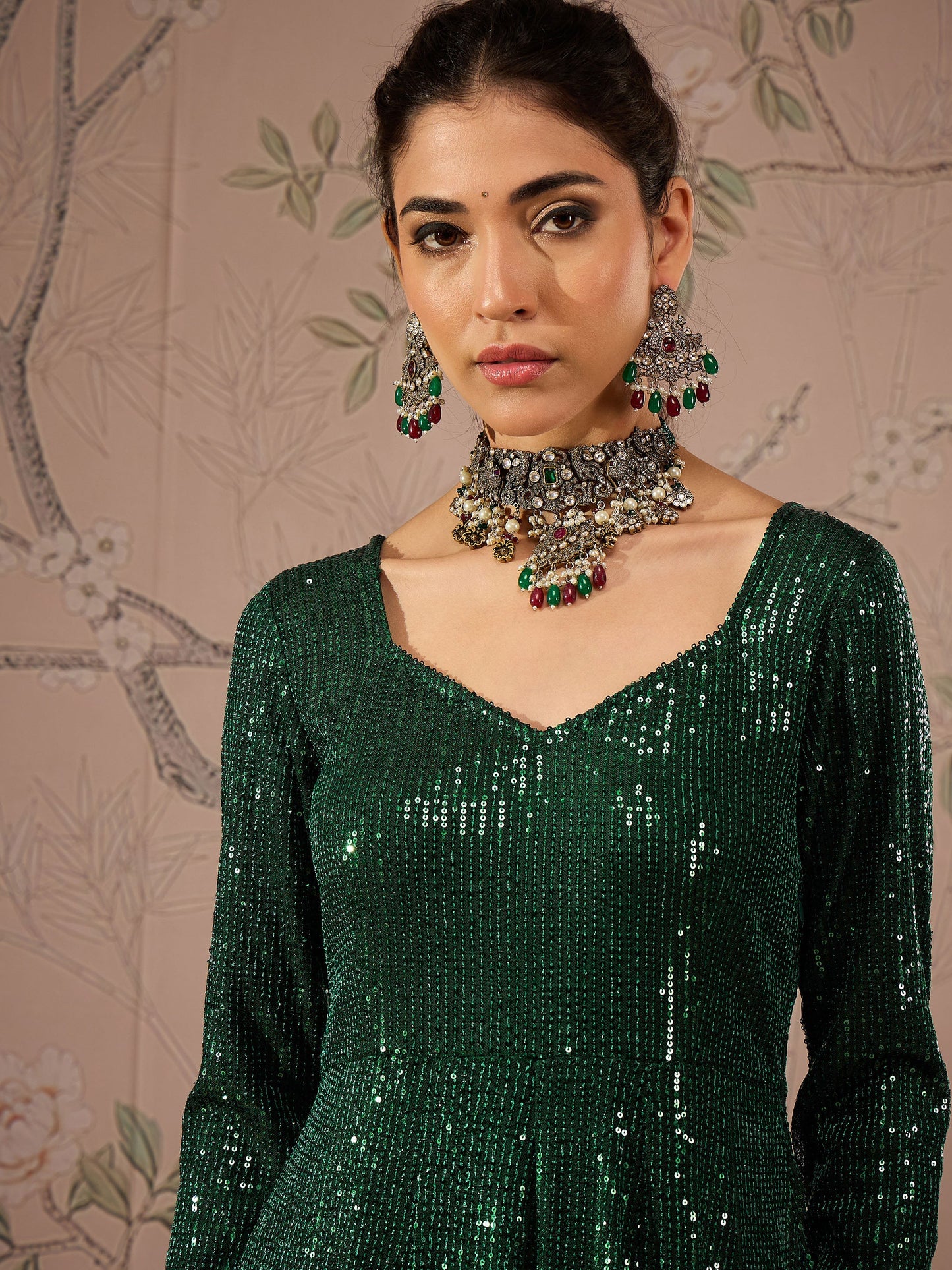 Emerald Green Sequins Sweetheart Neck Anarkali Kurta-Shae by SASSAFRAS