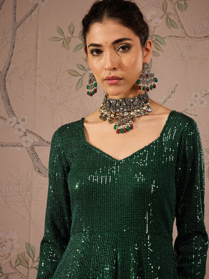 Emerald Green Sequins Sweetheart Neck Anarkali Kurta-Shae by SASSAFRAS