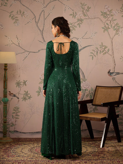 Emerald Green Sequins Sweetheart Neck Anarkali Kurta-Shae by SASSAFRAS