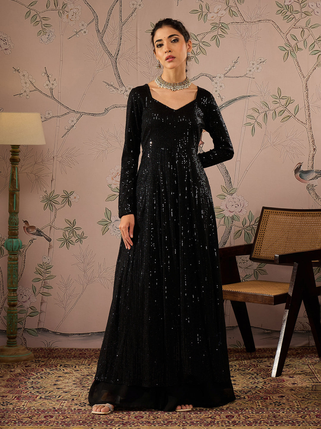 Women's Women Black Sequins Sweetheart Neck Anarkali Kurta in Butter Crepe by Shae for wholesale, bulk, supplier, manufacturer and wholesaler buyers from Trendphoria