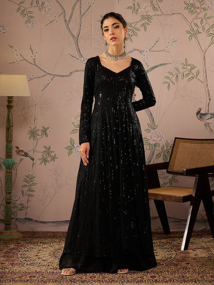 Black Sequins Sweetheart Neck Anarkali Kurta-Shae by SASSAFRAS