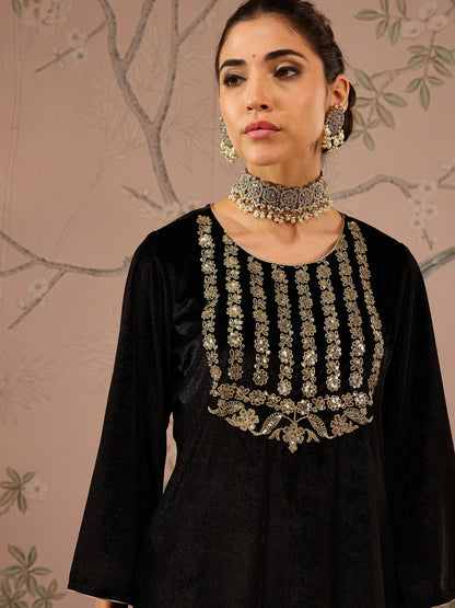 Women's Women Black Velvet Front Embroidered Kurta in Velvet by Shae for wholesale, bulk, supplier, manufacturer and wholesaler buyers from Trendphoria