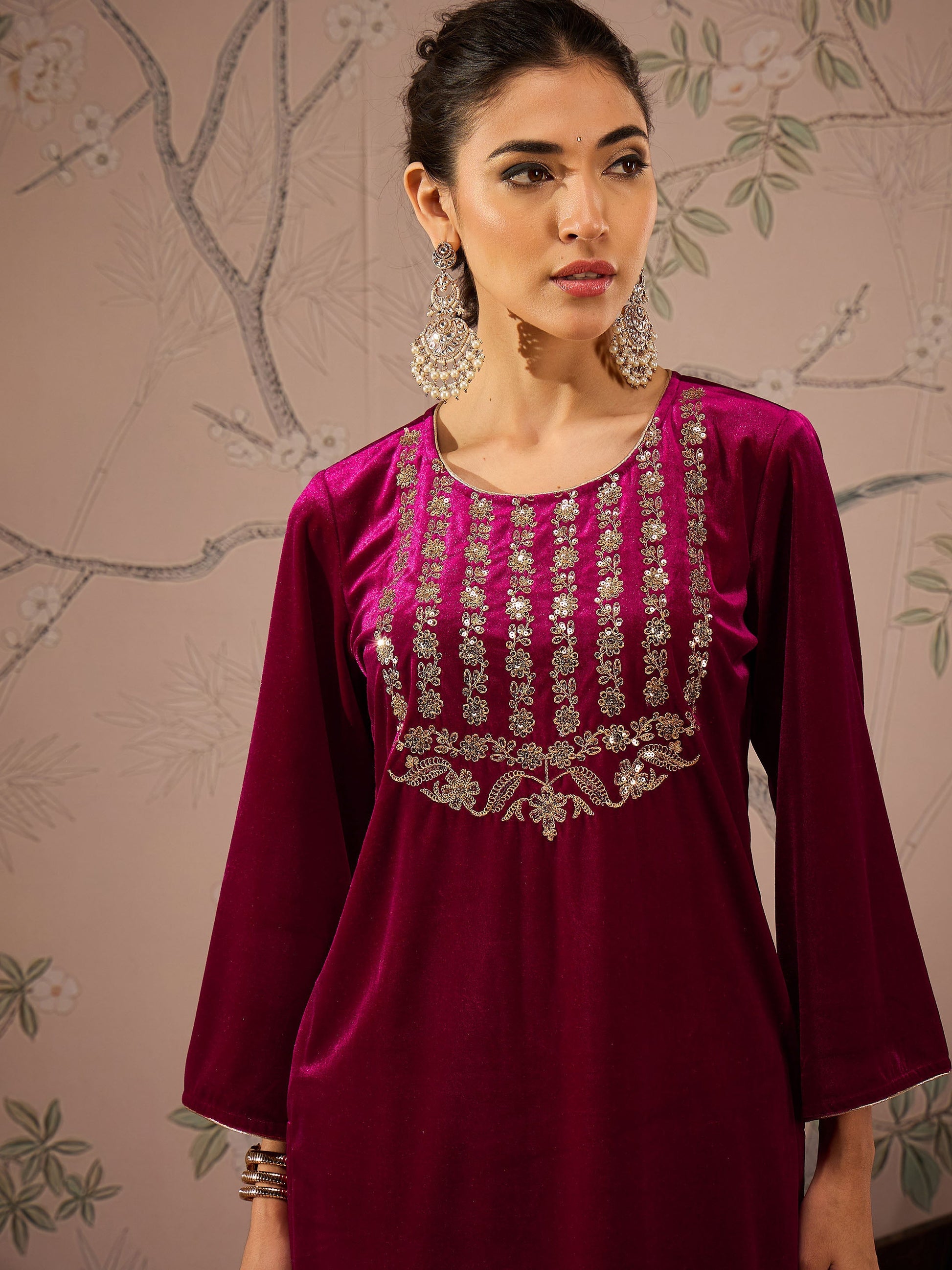Women's Women Fuchsia Velvet Front Embroidered Kurta in Velvet by Shae for wholesale, bulk, supplier, manufacturer and wholesaler buyers from Trendphoria