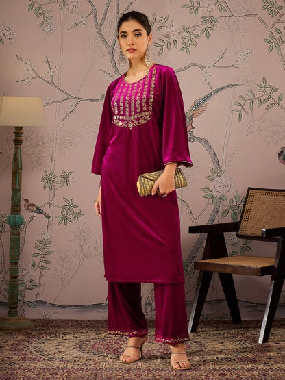 Women's Women Fuchsia Velvet Embroidered Kurta With Straight Pants in Velvet by Shae for wholesale, bulk, supplier, manufacturer and wholesaler buyers from Trendphoria