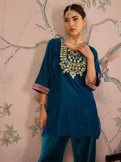 Women's Women Teal Velvet Front Embroidered Short Kurta in Velvet by Shae for wholesale, bulk, supplier, manufacturer and wholesaler buyers from Trendphoria