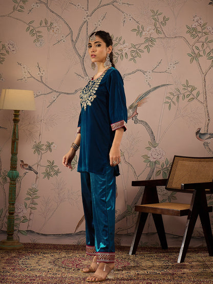 Teal Velvet Front Embroidered Short Kurta-Shae by SASSAFRAS