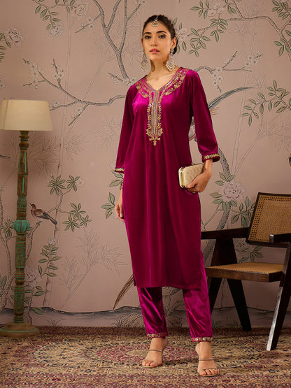 Women's Women Fuchsia Velvet Embroidered Kurta With Pencil Pants in Velvet by Shae for wholesale, bulk, supplier, manufacturer and wholesaler buyers from Trendphoria