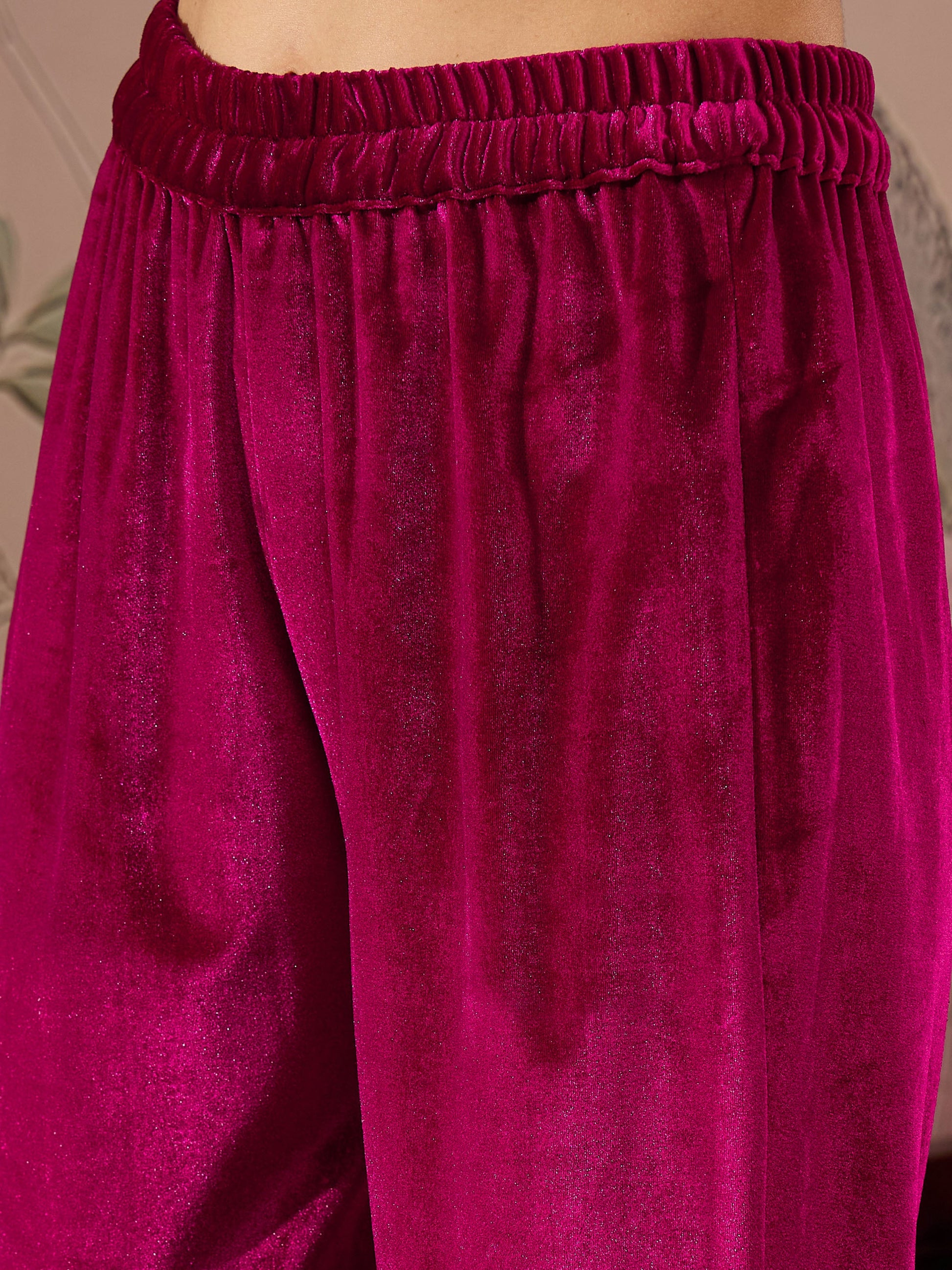 Fuchsia Velvet Embroidered Kurta With Pencil Pants -Shae by SASSAFRAS