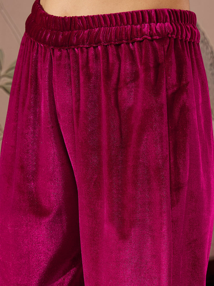 Fuchsia Velvet Embroidered Kurta With Pencil Pants -Shae by SASSAFRAS