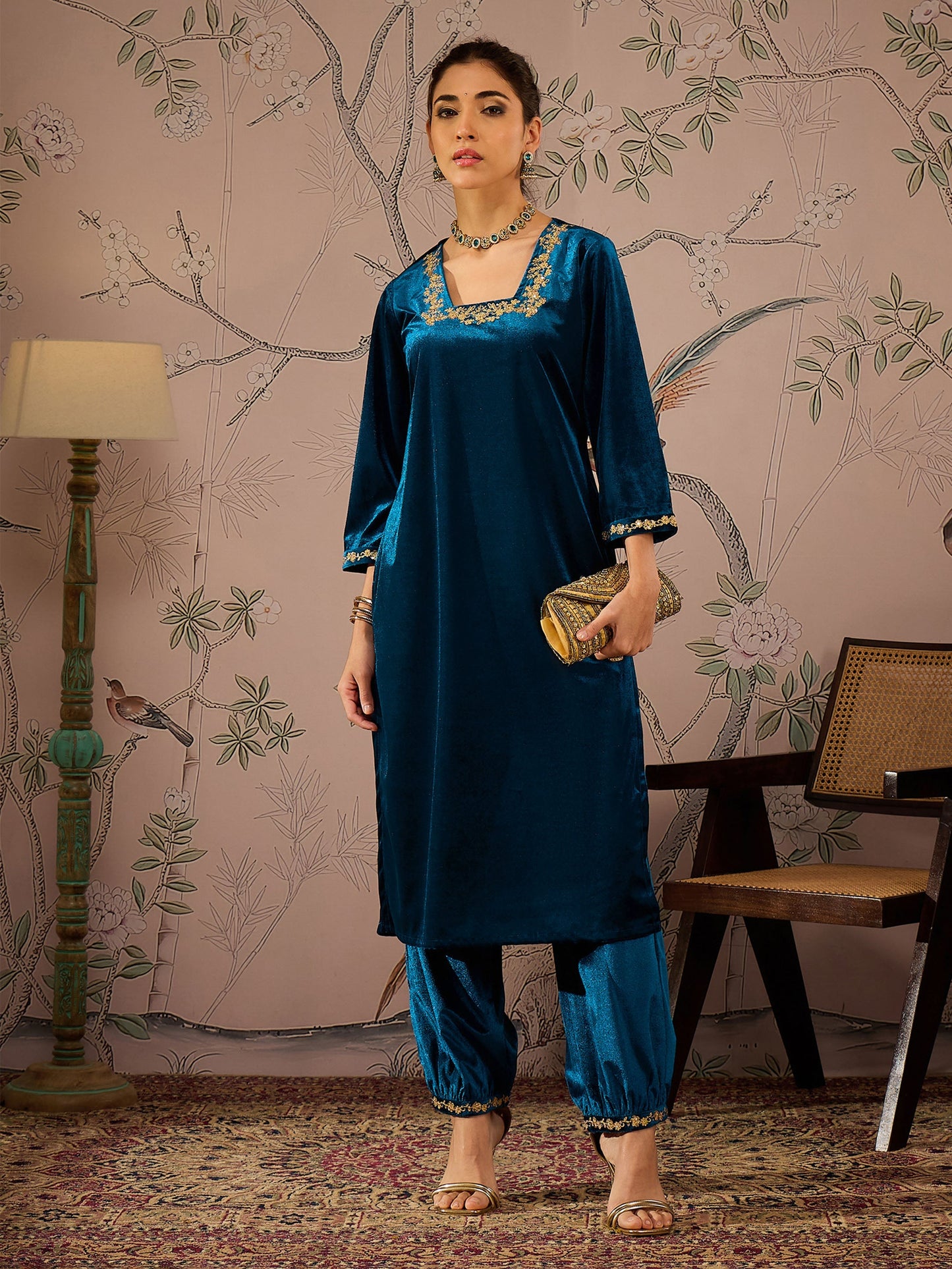 Women's Women Teal Velvet Embroidered Straight Kurta With Afghani Pants in Velvet by Shae for wholesale, bulk, supplier, manufacturer and wholesaler buyers from Trendphoria