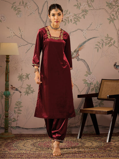 Maroon Velvet Glass Neck Front Embroidered Kurta -Shae by SASSAFRAS
