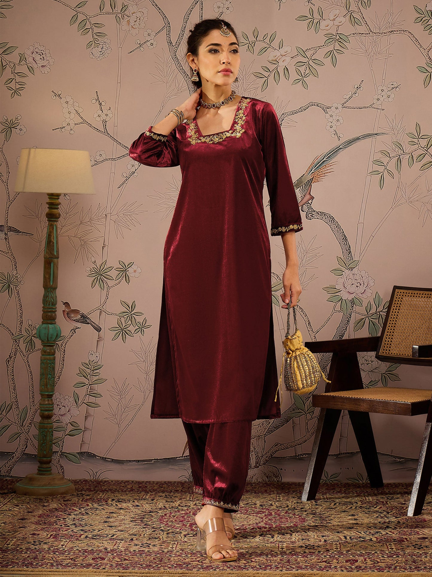 Women's Women Maroon Velvet Embroidered Kurta With Afghani Pants in Velvet by Shae for wholesale, bulk, supplier, manufacturer and wholesaler buyers from Trendphoria
