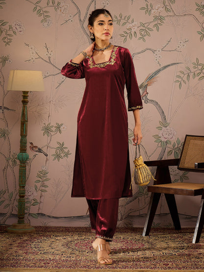 Women's Women Maroon Velvet Embroidered Kurta With Afghani Pants in Velvet by Shae for wholesale, bulk, supplier, manufacturer and wholesaler buyers from Trendphoria