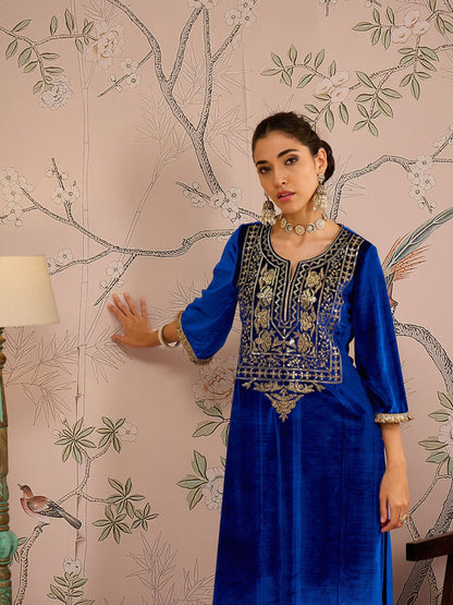 Royal Blue Velvet Embroidered Kurta With Tulip Pants-Shae by SASSAFRAS