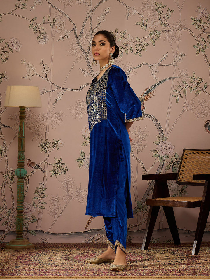 Royal Blue Velvet Embroidered Kurta With Tulip Pants-Shae by SASSAFRAS