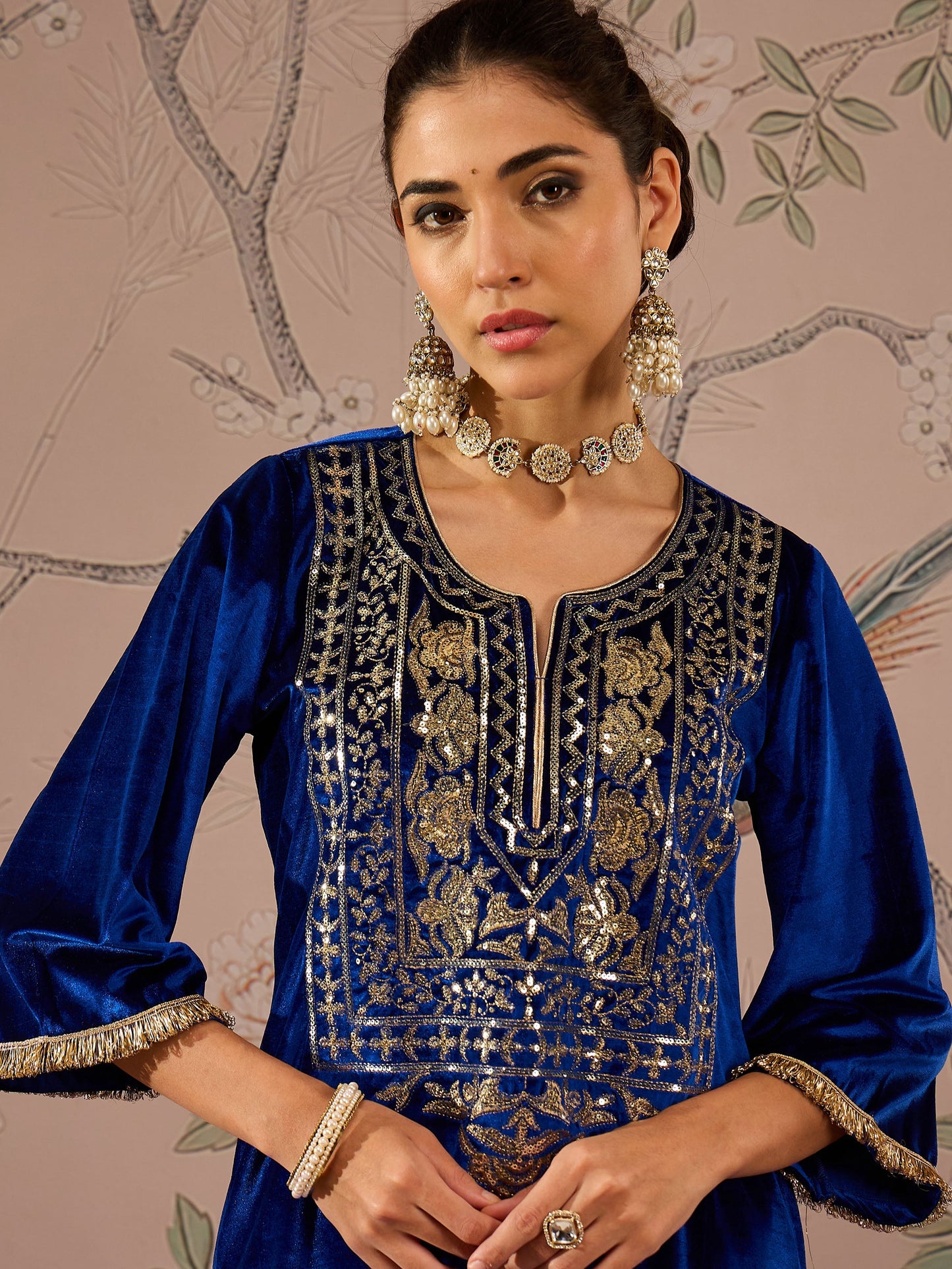 Royal Blue Velvet Embroidered Kurta With Tulip Pants-Shae by SASSAFRAS