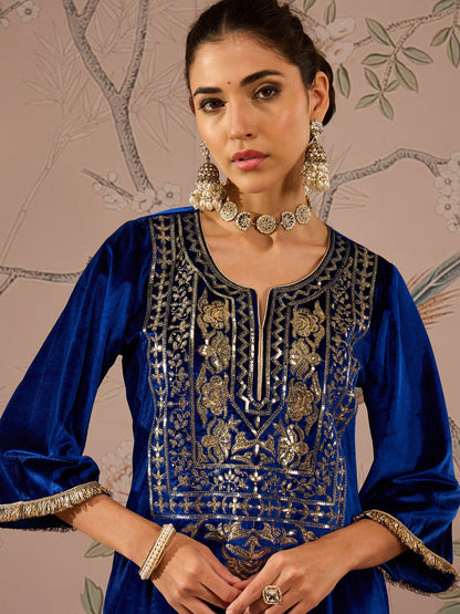 Royal Blue Velvet Embroidered Kurta With Tulip Pants-Shae by SASSAFRAS