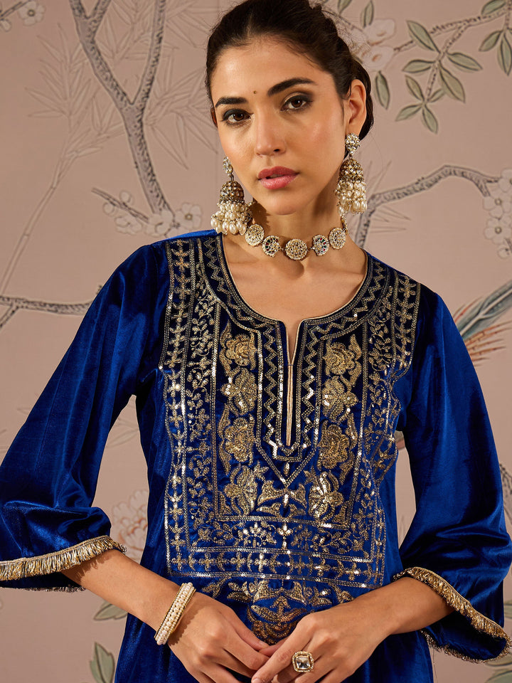 Royal Blue Velvet Embroidered Kurta With Tulip Pants-Shae by SASSAFRAS