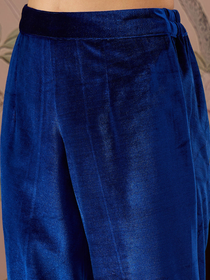 Royal Blue Velvet Embroidered Kurta With Tulip Pants-Shae by SASSAFRAS