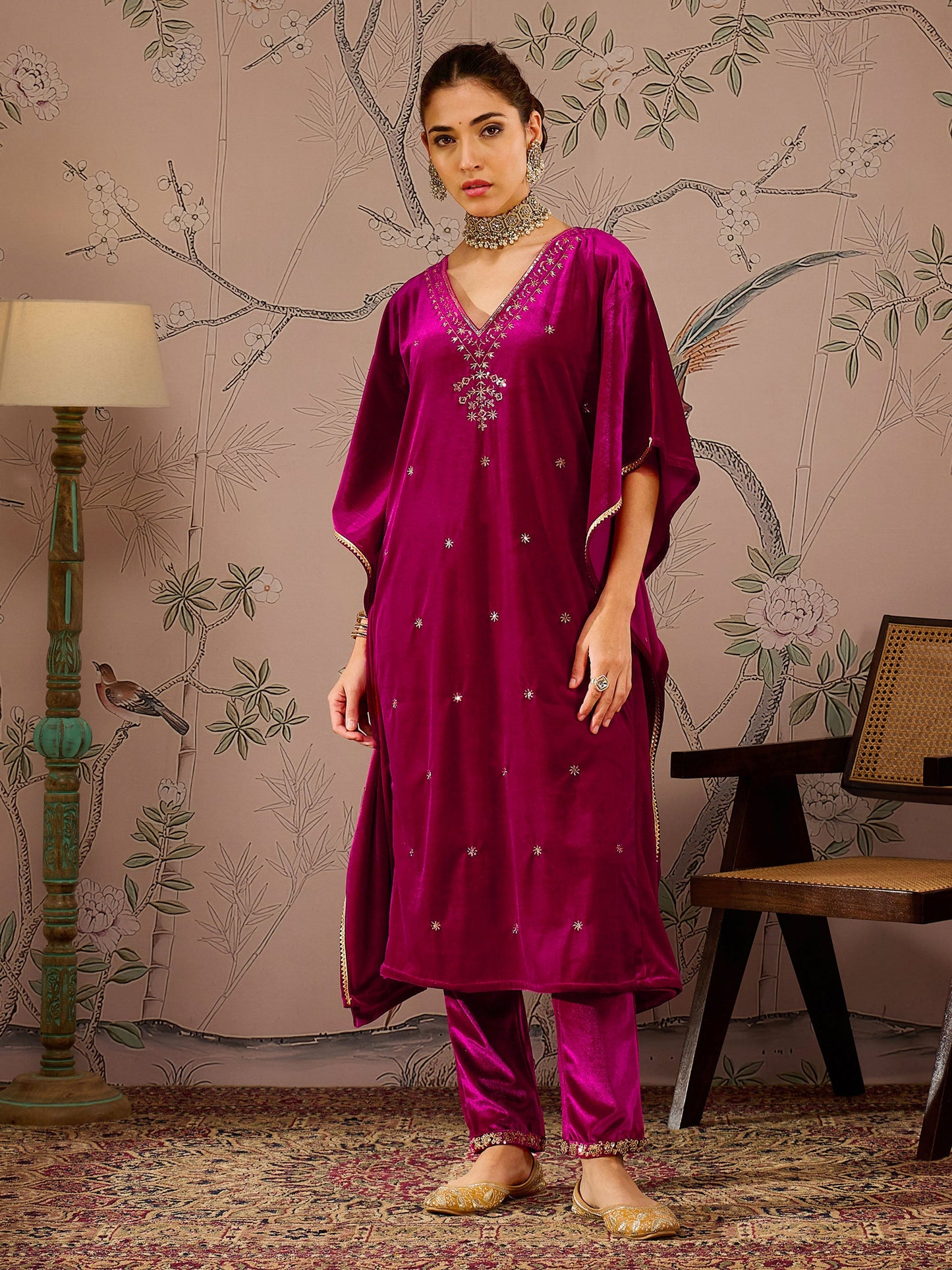 Women's Women Fuchsia Velvet Front Embroidered Kaftan Kurta in Velvet by Shae for wholesale, bulk, supplier, manufacturer and wholesaler buyers from Trendphoria