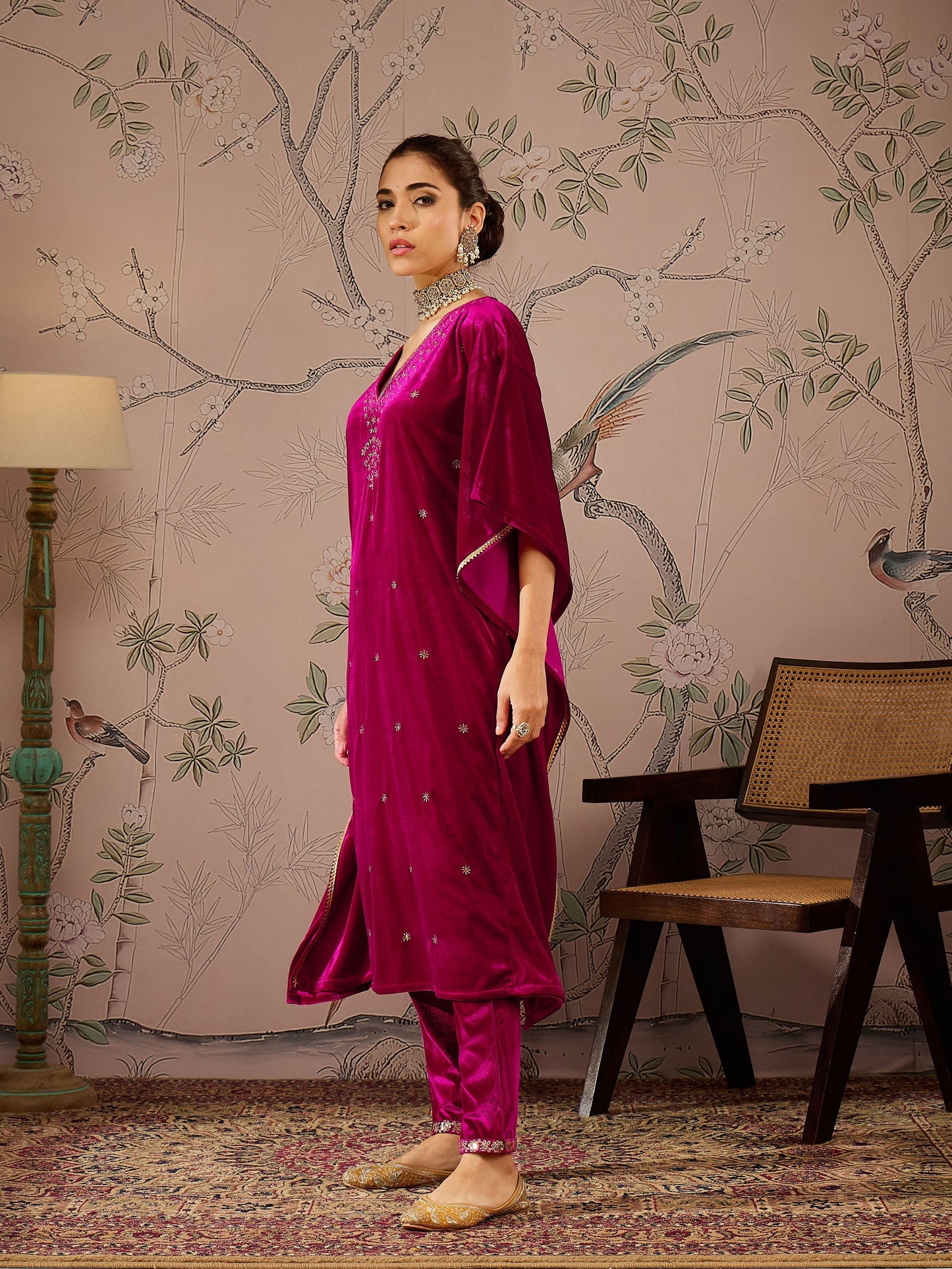 Fuchsia Velvet Front Embroidered Kaftan Kurta-Shae by SASSAFRAS