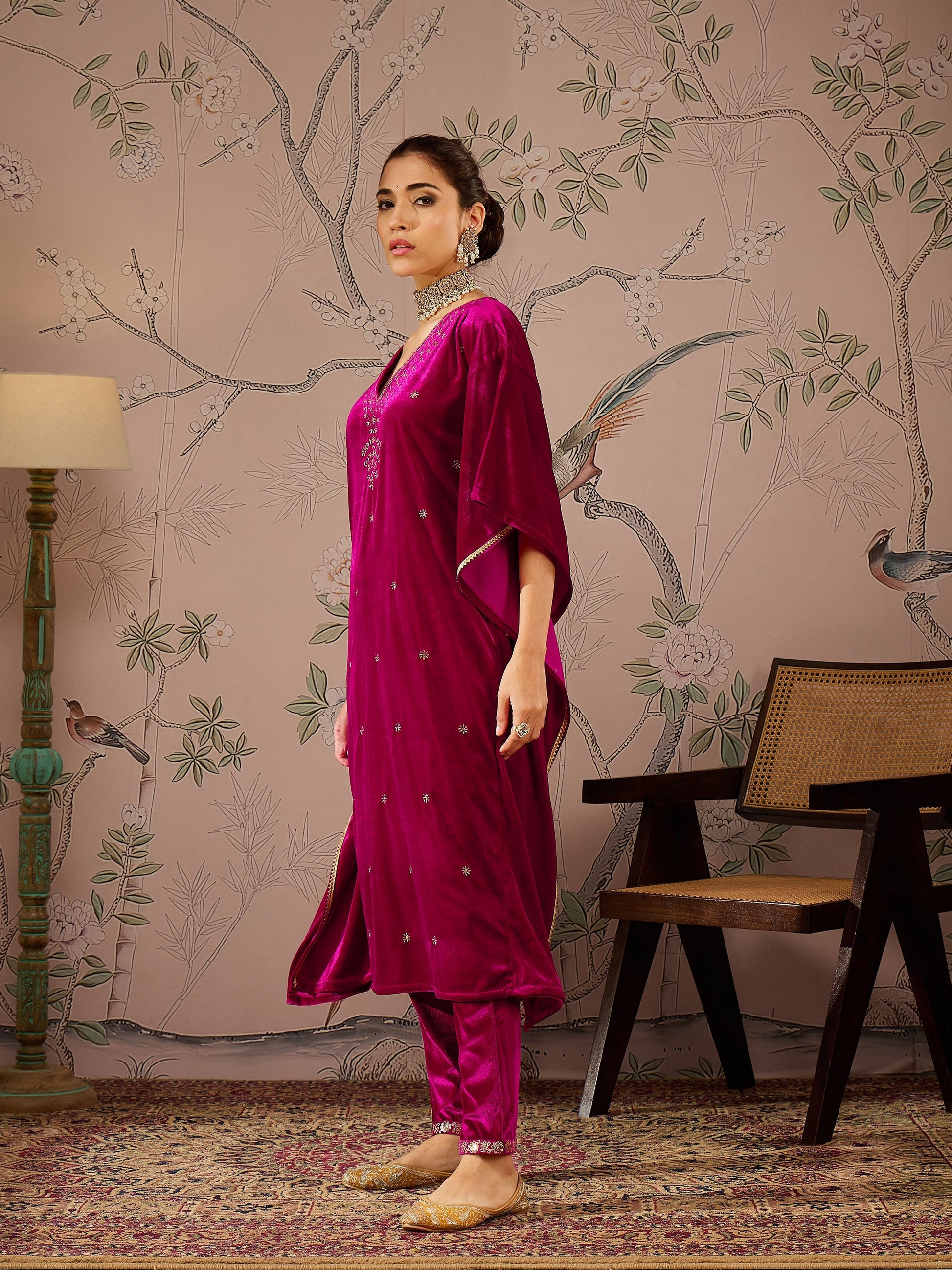Fuchsia Velvet Front Embroidered Kaftan Kurta-Shae by SASSAFRAS