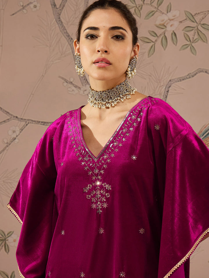 Fuchsia Velvet Front Embroidered Kaftan Kurta-Shae by SASSAFRAS