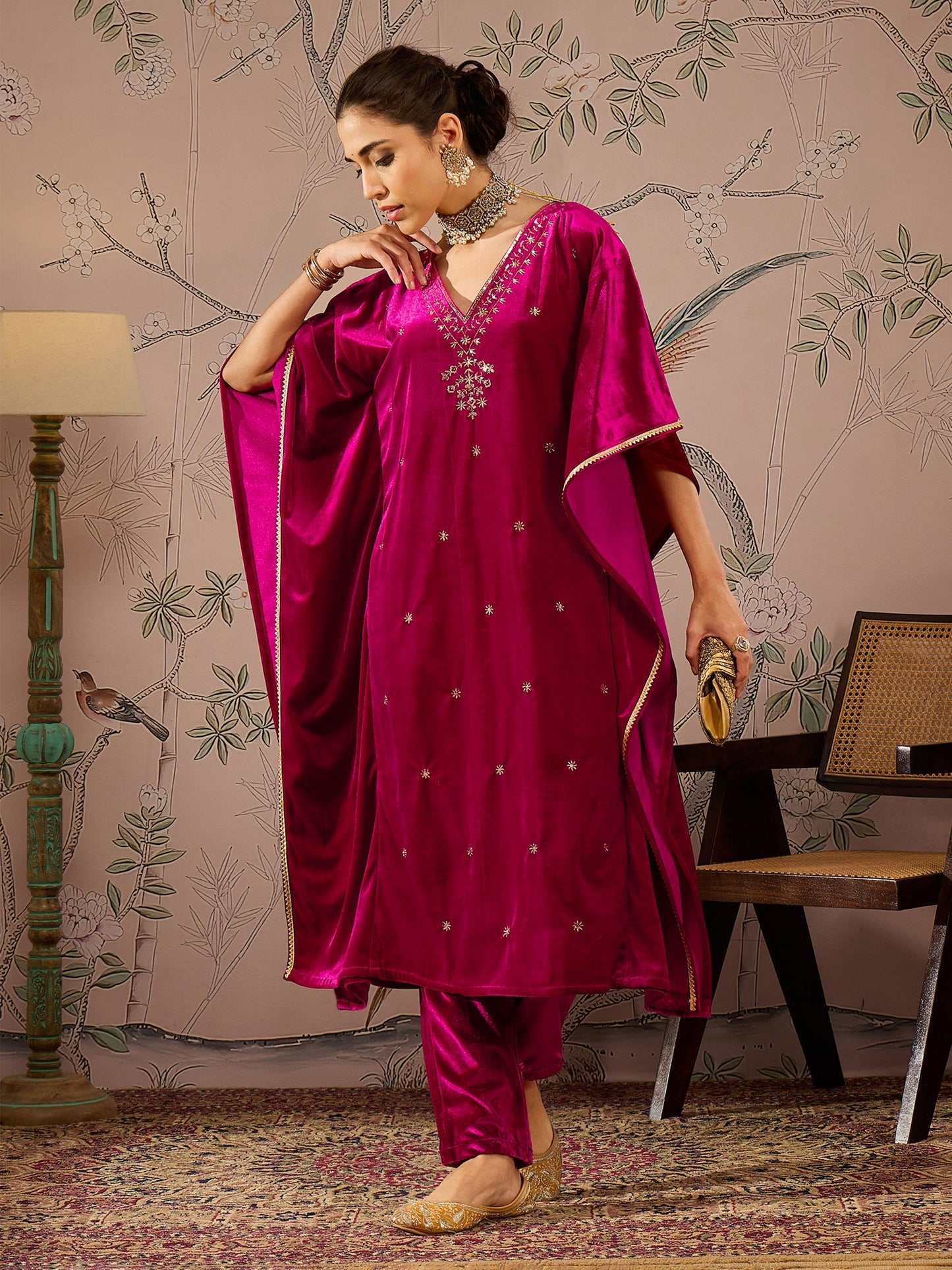 Women's Women Fuchsia Velvet Embroidered Kaftan Kurta With Straight Pants in Velvet by Shae for wholesale, bulk, supplier, manufacturer and wholesaler buyers from Trendphoria