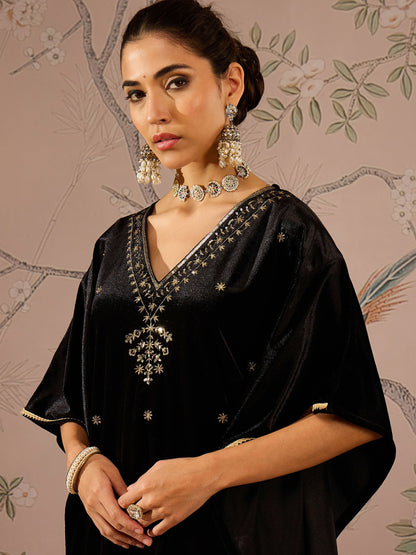 Women's Women Black Velvet Front Embroidered Kaftan Kurta in Velvet by Shae for wholesale, bulk, supplier, manufacturer and wholesaler buyers from Trendphoria
