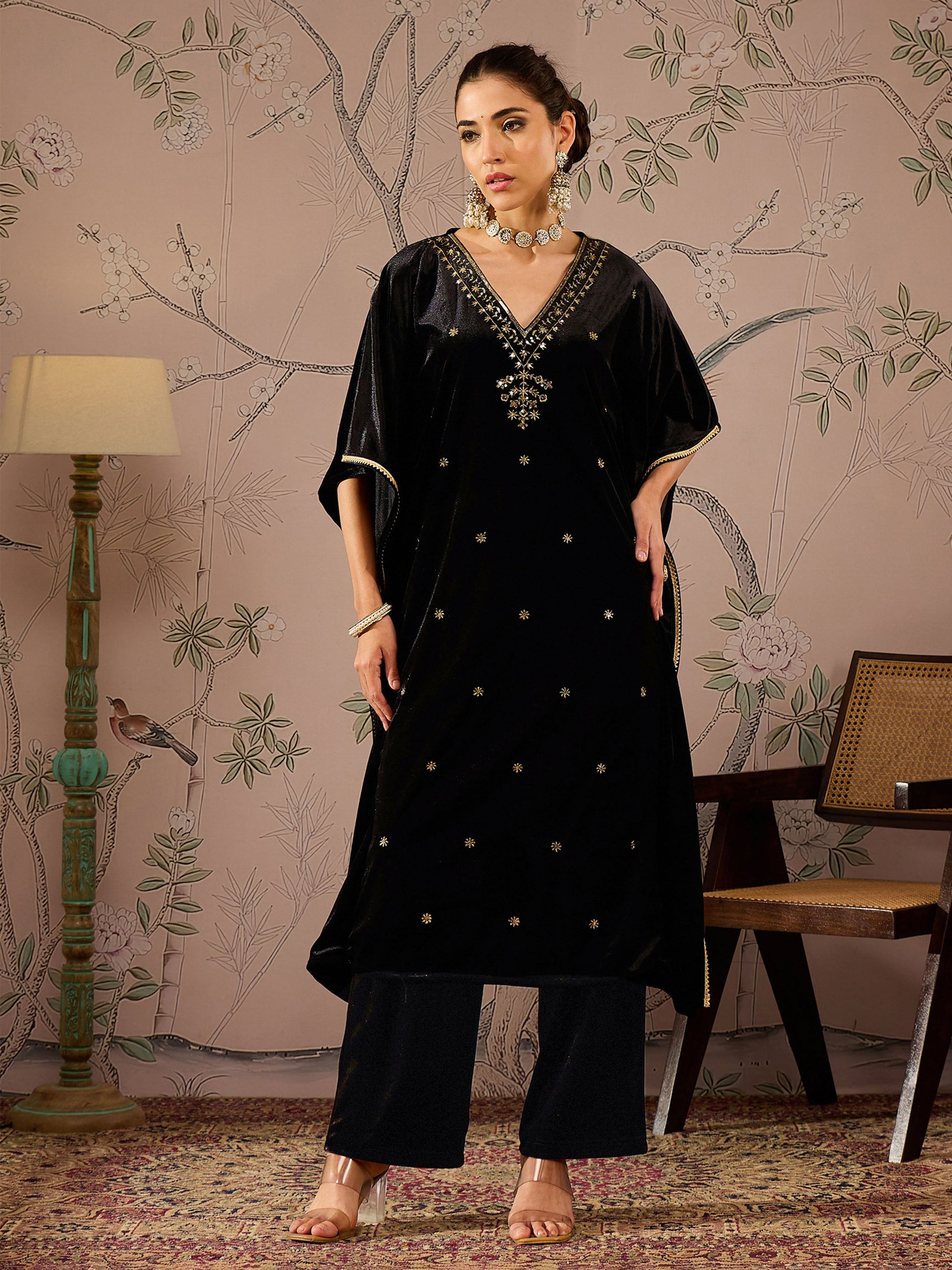 Women's Women Black Velvet Embroidered Kaftan Kurta With Straight Pants in Velvet by Shae for wholesale, bulk, supplier, manufacturer and wholesaler buyers from Trendphoria