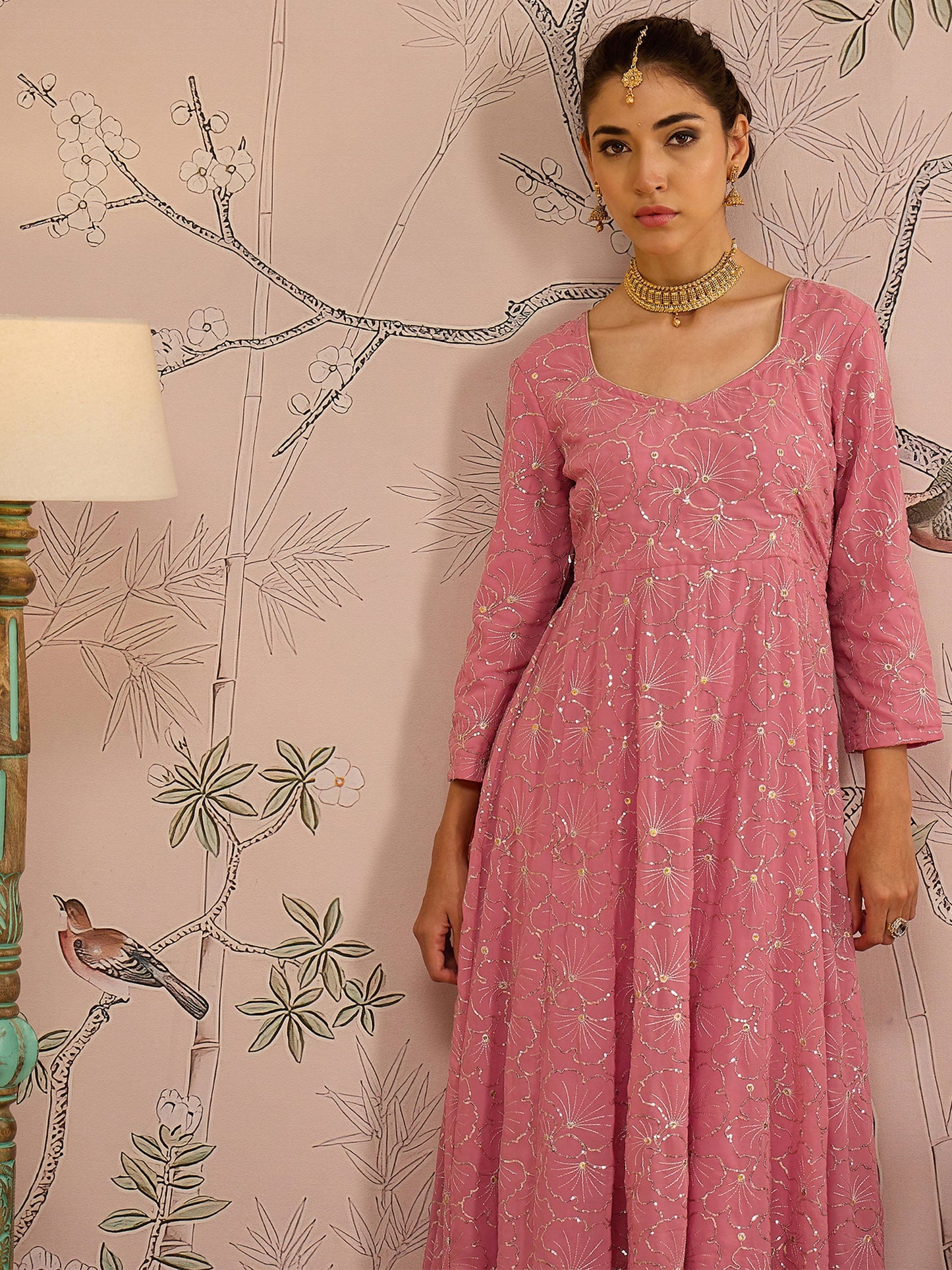 Pink Sequins Sweetheart Neck Anarkali Kurta