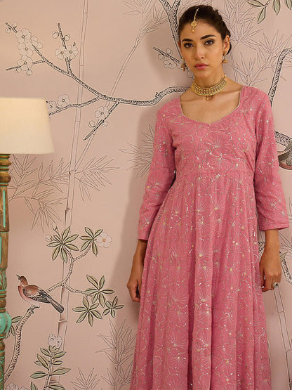 Pink Sequins Sweetheart Neck Anarkali Kurta