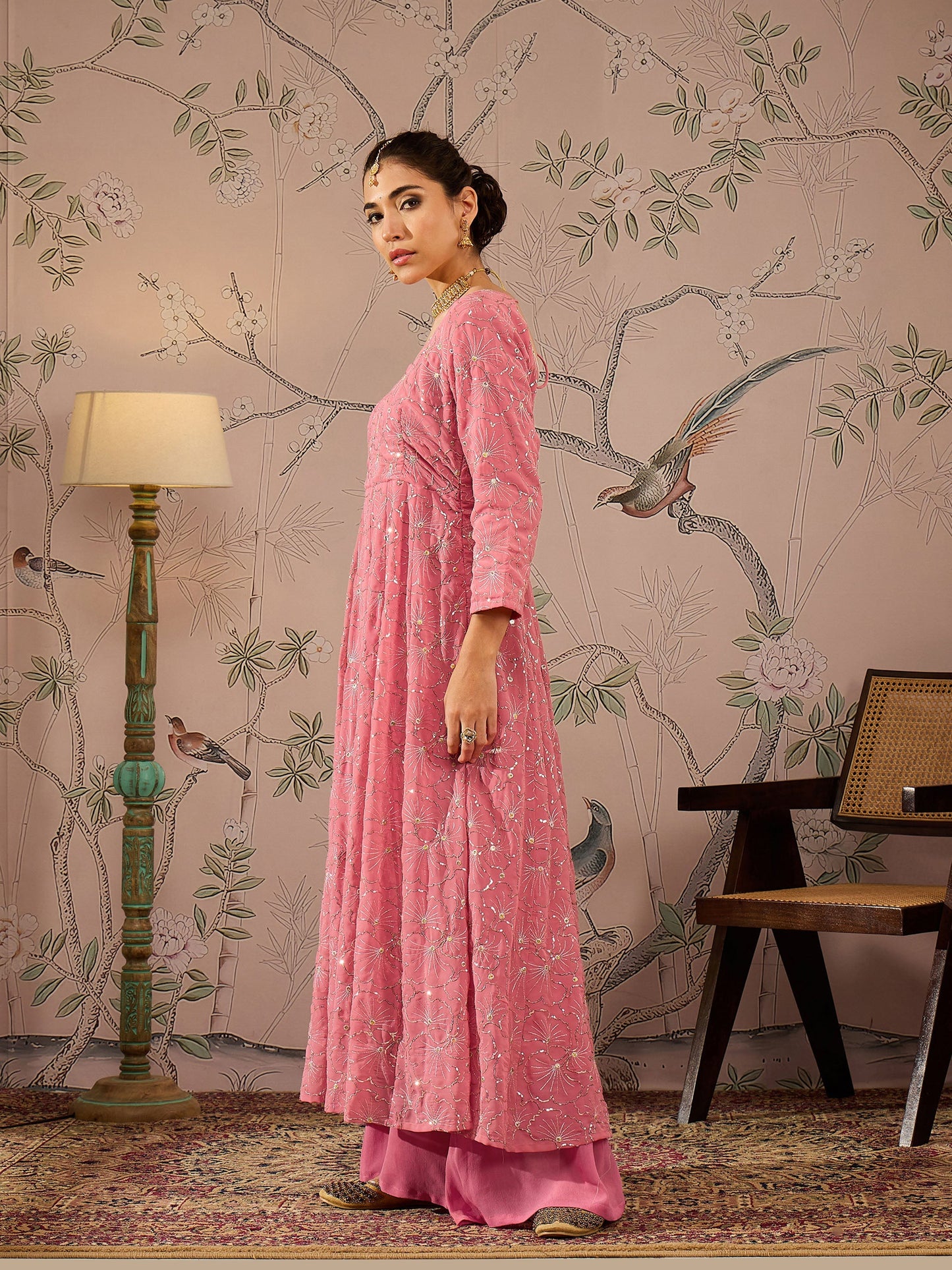 Pink Sequins Sweetheart Neck Anarkali Kurta