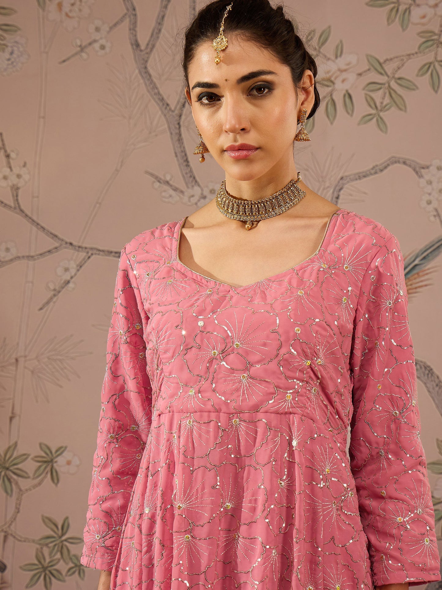 Pink Sequins Sweetheart Neck Anarkali Kurta