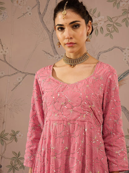 Pink Sequins Sweetheart Neck Anarkali Kurta