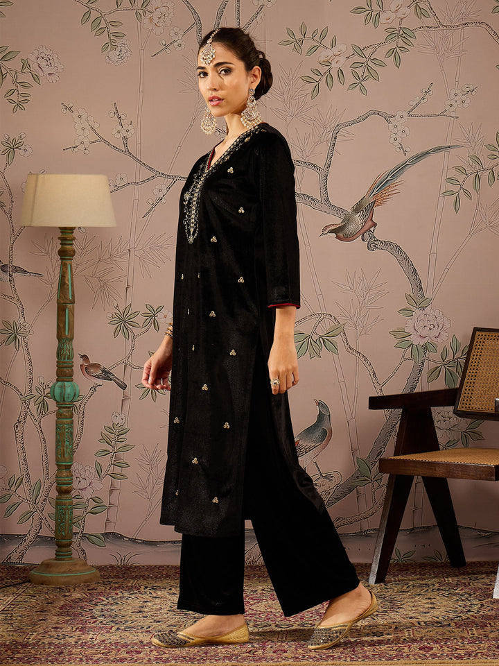 Black Velvet V-Neck Embroidered Straight Kurta -Shae by SASSAFRAS