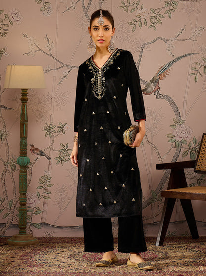 Women's Women Black V Neck Embroidered Kurta With Straight Pants in Velvet by Shae for wholesale, bulk, supplier, manufacturer and wholesaler buyers from Trendphoria