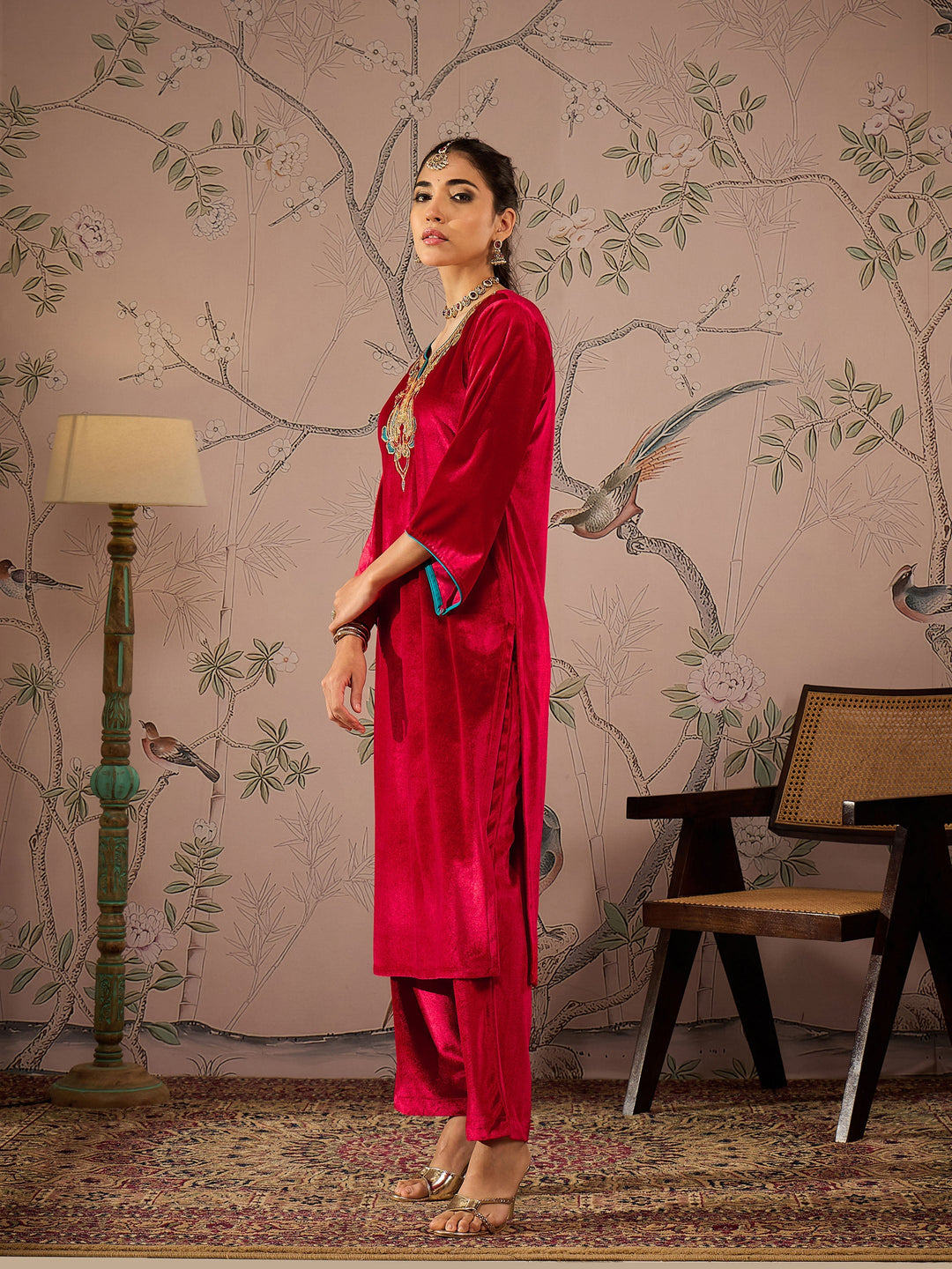 Red Velvet Embroidered Straight Kurta With Straight Pants-Shae by SASSAFRAS