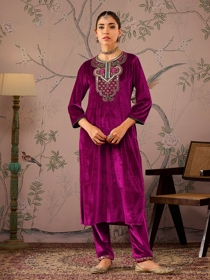 Fuchsia Velvet Front Embroidered Straight Kurta -Shae by SASSAFRAS