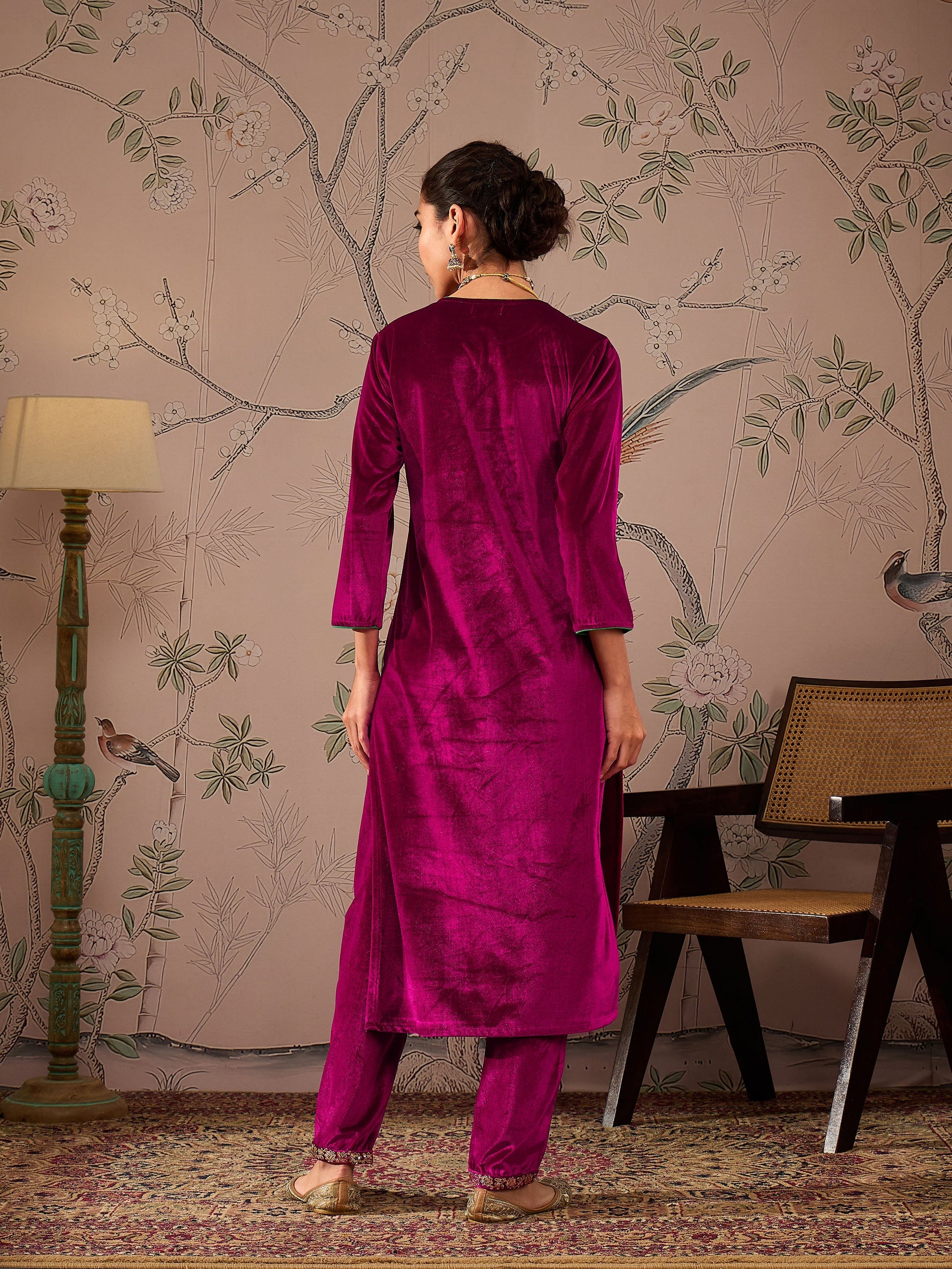 Fuchsia Velvet Front Embroidered Straight Kurta -Shae by SASSAFRAS